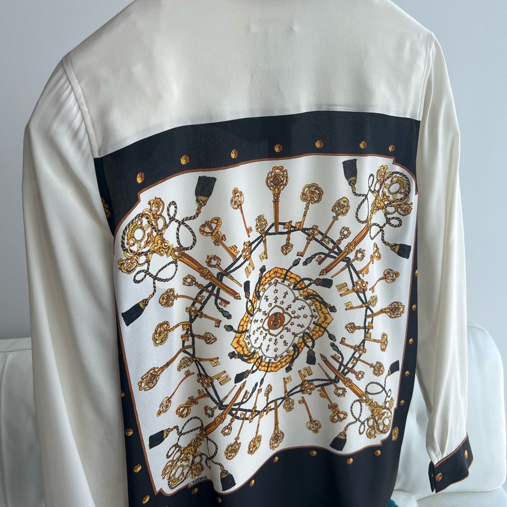 L’Agence  Silk Scarf Print Blouse - Cream, Black and Gold